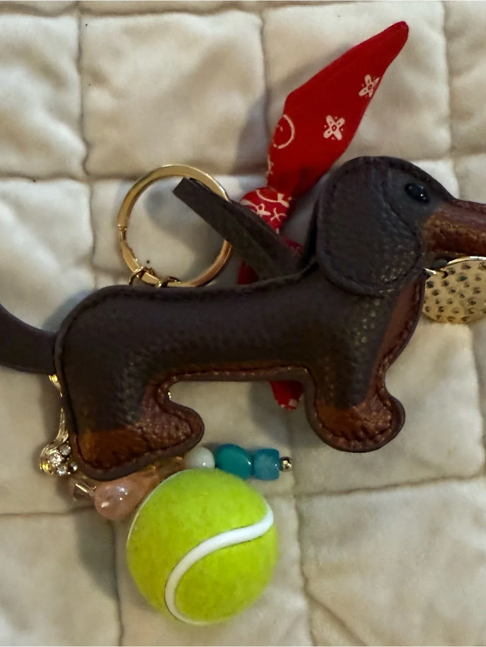 Charming Daschund Dog Keychain with Tennis Ball & Rhinestone Bone- Weiner Dog
